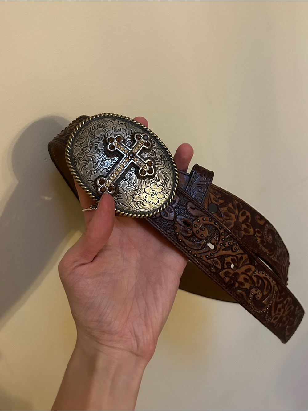 Nocona Brown Tooled Leather Western Belt with Ornate Cross Buckle